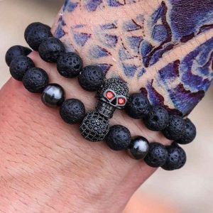 2-in-1 Beaded Gallstone and Volcanic Rock Bracelet Set | Skull