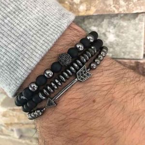 3-in-1 Handmade Adjustable Black Matte Bead Bracelet Set | Arrow