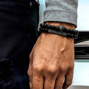 Classic Crown Rectangle Beads Bracelet | Matte Lava Stone | Black