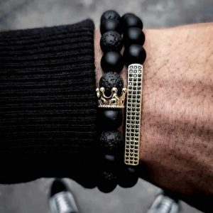 Classic Crown Rectangle Beads Bracelet | Matte Lava Stone | Gold
