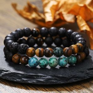 2-in-1 Beaded Volcanic Rock Bracelet Set | Tiger Eye